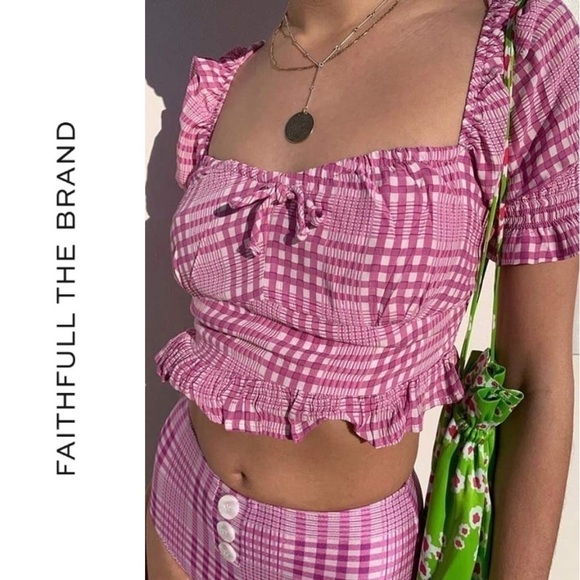 Faithfull Top Vaneda Cropped Plaid Ruffle Shirred Djerra Check Iris 6 M NWT - Picture 1 of 13